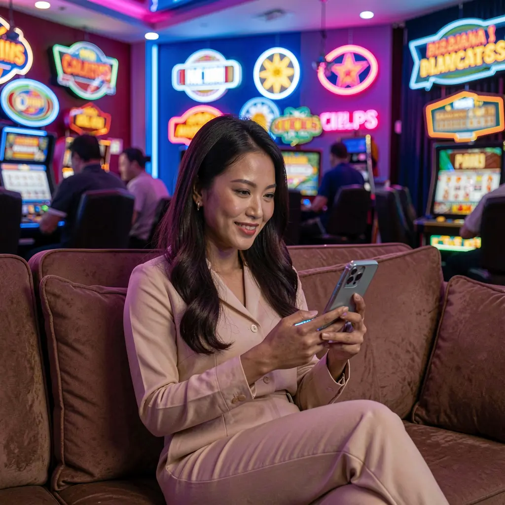 TTTTPH App – A smooth and immersive mobile casino experience for players in the Philippines Stylish Filipino player enjoying the TTTTPH mobile casino app on her phone while lounging in a neon casino atmosphere