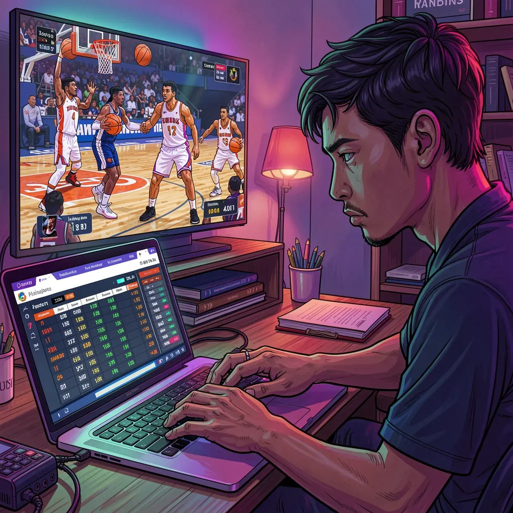 TTTTPH Bets – Place smart and fast sports bets online in the Philippines Focused Filipino sports bettor analyzing basketball odds on a laptop with live game visuals while using TTTTPH from the Philippines
