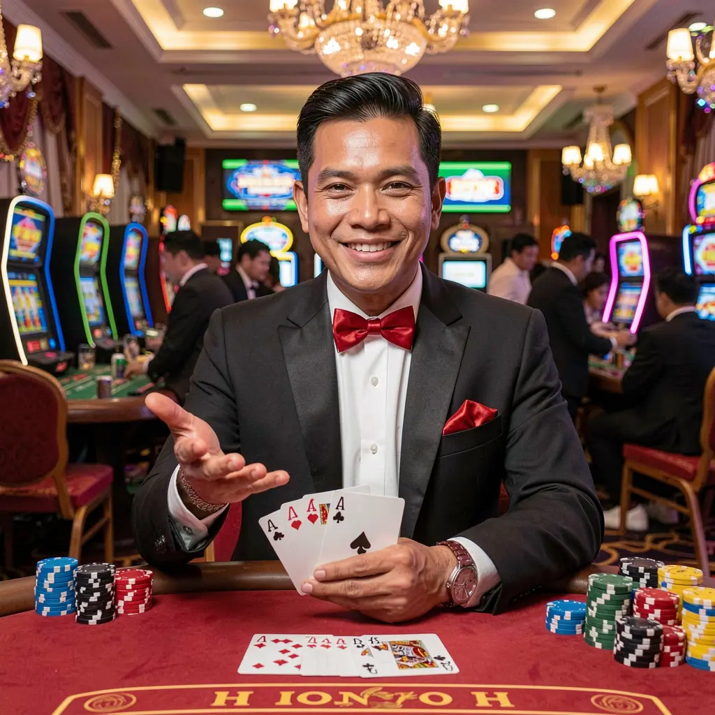 TTTTPH Login – Seamless access to premium casino entertainment in the Philippines Confident Filipino casino host welcoming players to the TTTTPH live gaming environment with glowing chips and a festive atmosphere